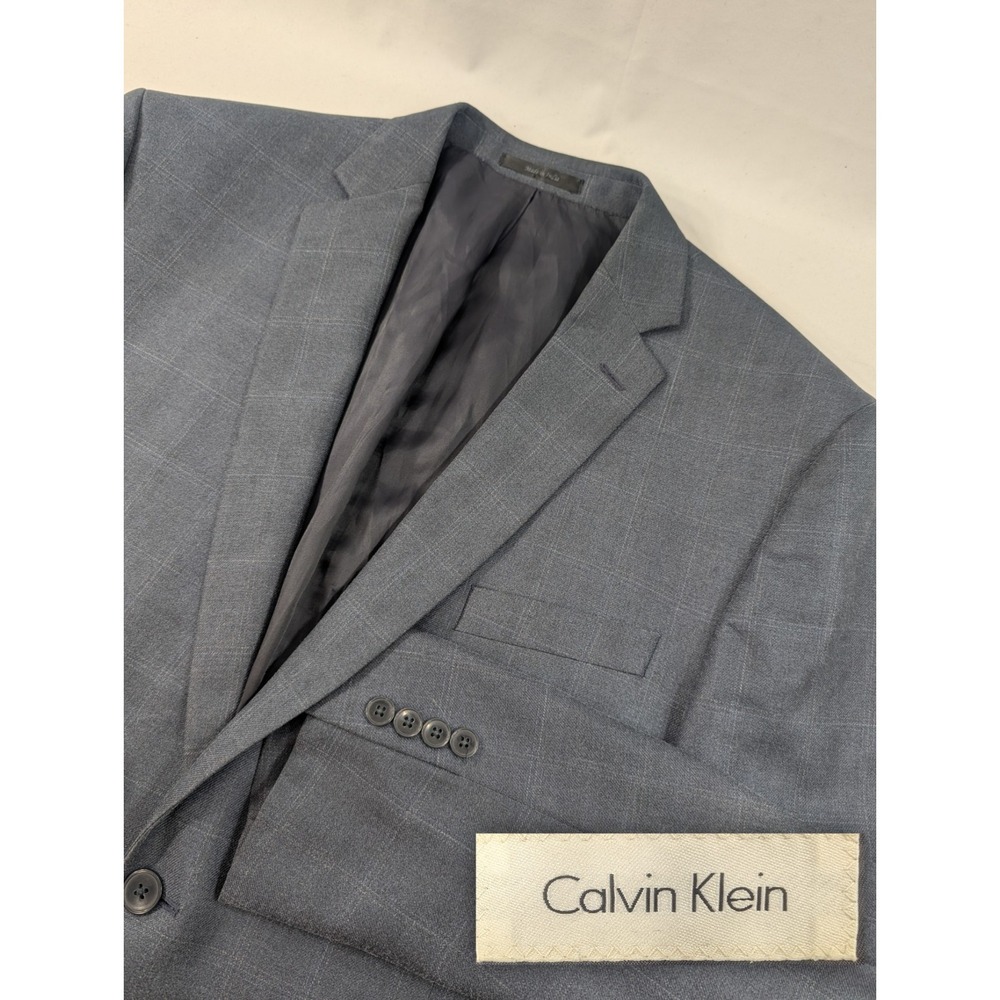 Calvin Klein Blazer Sport Jacket Wool Silk ‎  Double Plaid 46R Big 50"  Chest